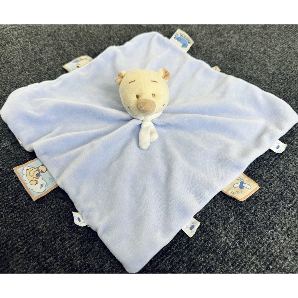Noukie's Blue Bear Baby Security Blanket Lovey Sensory Tags 10" 2005 Vintage